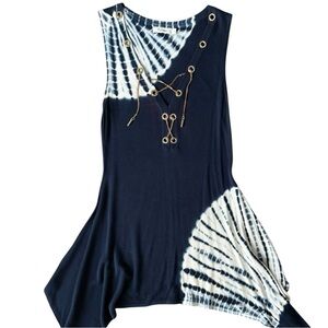 Rafiana Dress Womens Midi Asymmetrical Necklace Dress Navy White Tie-Dye